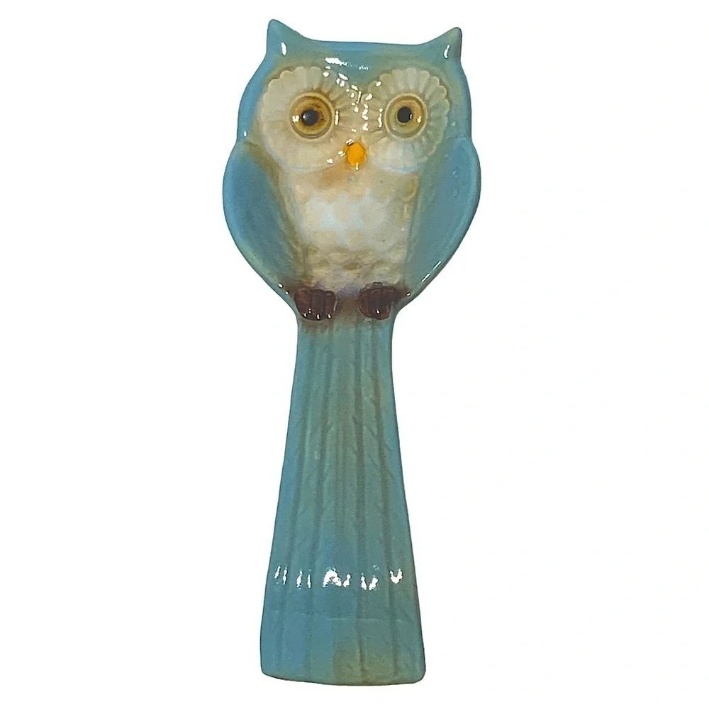 Spoon Rest Owl Shape Hand Painted Glazed Ceramic Rustic Brown Blue 10 inch
